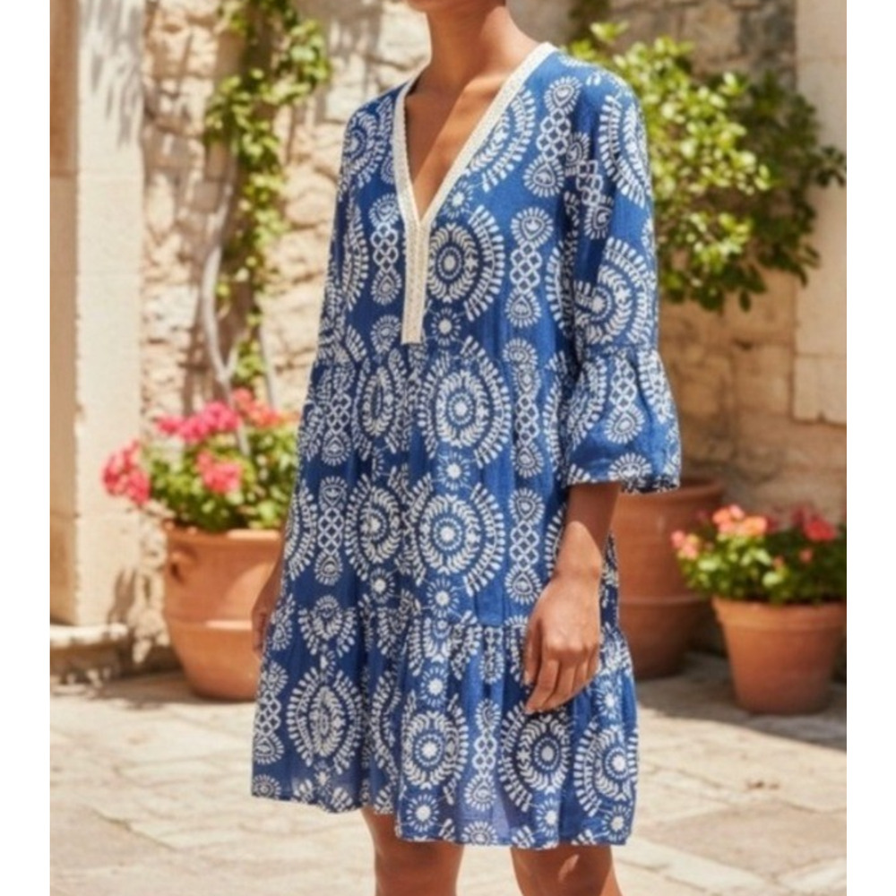 Anthropologie SAIPH Tiered Embroidered Y2K preppy cotton Dress ‎Blue M A005475